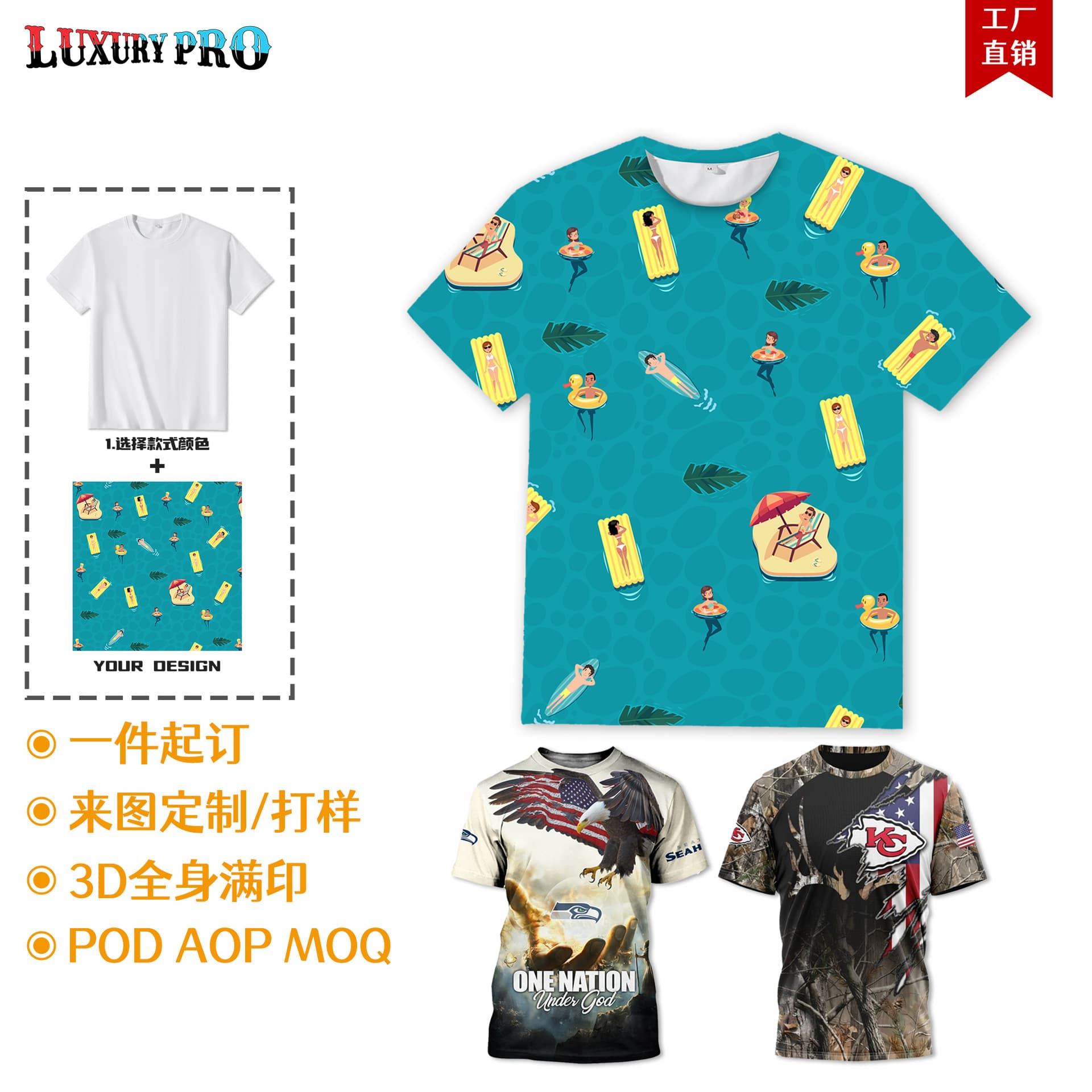 Cross-border Europe and America Men's POD Cotton-like Round Neck Short Sleeve 3D Digital Print T-Shirt Custom Full-Body All-Over Print