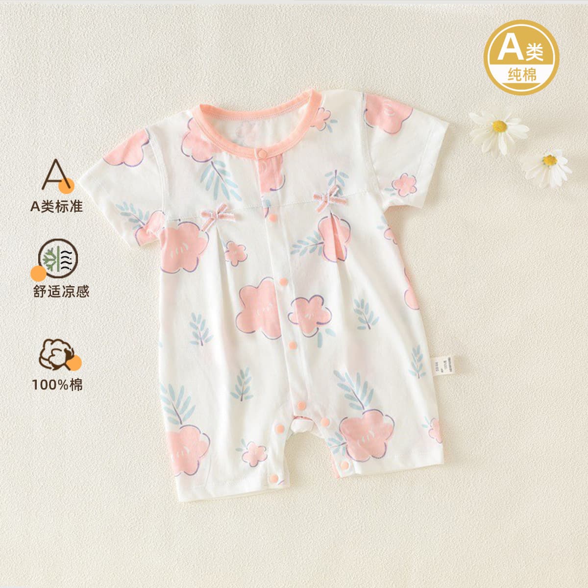Baby Summer Cotton Short Sleeve Bodysuit, Soft and Thin, Newborn Sleepwear and Pajamas for Girls
