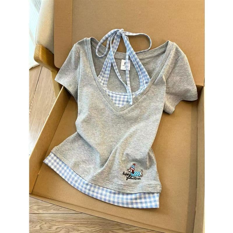2025 Summer Pure Desire Design Fake Two-Piece Halter Neck Short Sleeve T-Shirt Slimming Figure-Flattering Rare Beauty Contrast Color Top for Women