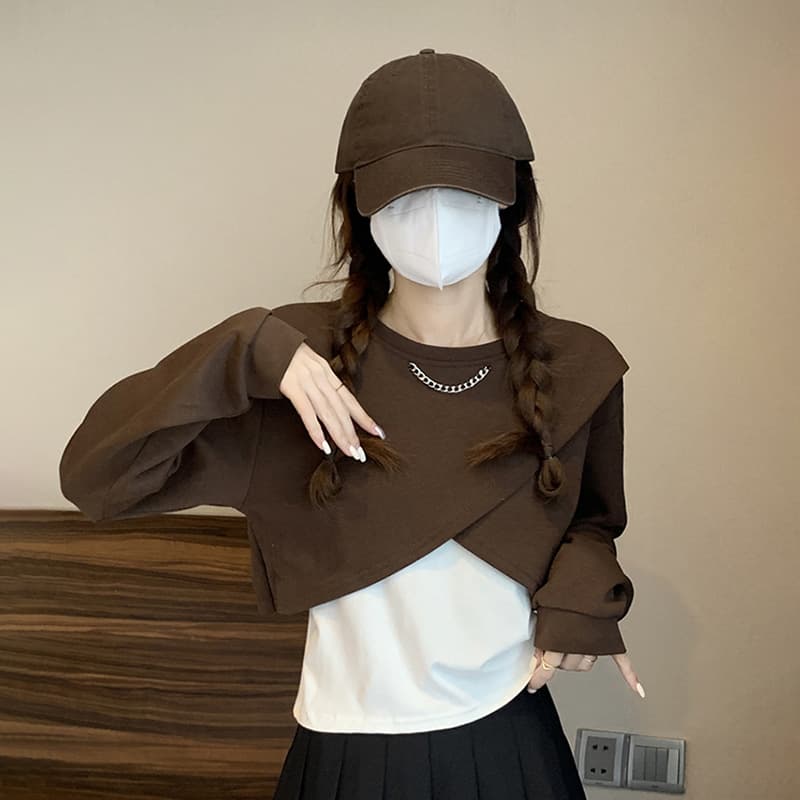 Faux Two-Piece High-Waist Cropped Top for Women Autumn Yiwu Match Cargo Pants Base Layer Long Sleeve T-Shirt Maillard Sweatshirt