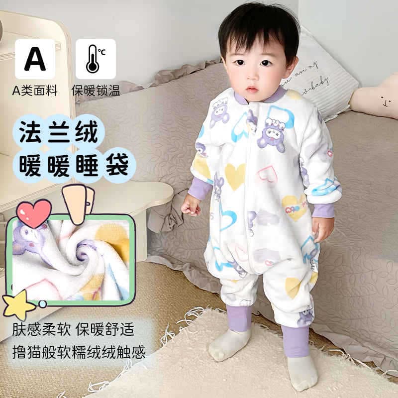 Children's Thickened Warm Autumn and Winter Cold-Proof Anti-Kick Pajamas Baby Boys Girls Flannel Footed Sleeper Split-Leg Sleeping Bag
