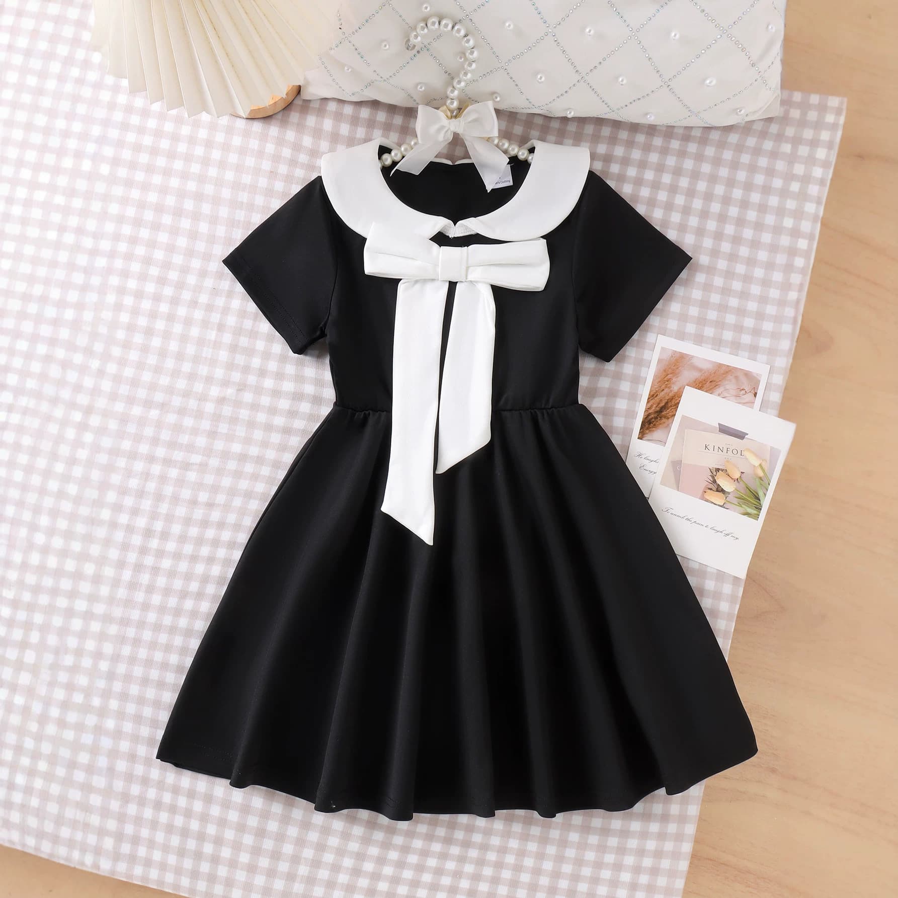 Girls' Hepburn-style Dress Black and White Peter Pan Collar Bow Princess Dress Elegant Summer Outfit for Baby Girls