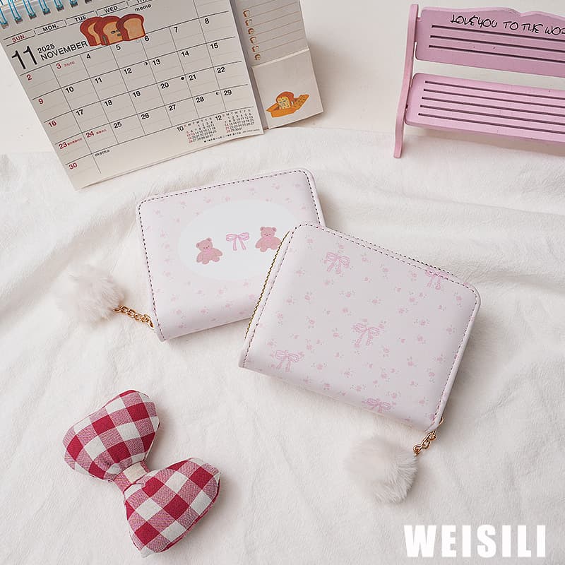 New Sweet Wallet Floral Bear Bifold Wallet Multi-functional Student Wallet Cartoon Large Capacity