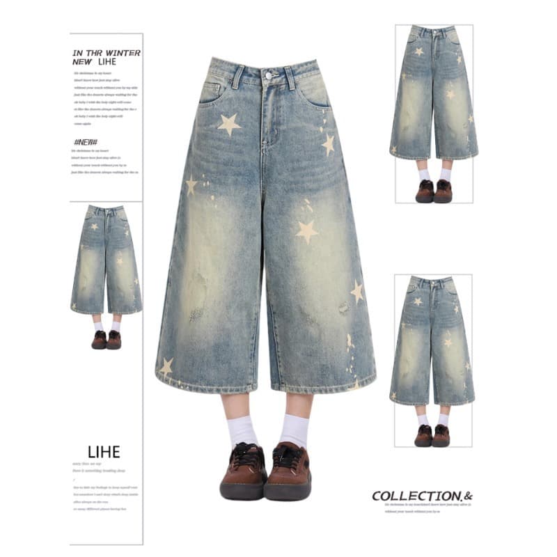 Cross-Border Exclusive Star Print Wide-Leg Denim Shorts for Women, Summer Plus-Size High-Waisted Slimming Straight-Leg Capri Pants