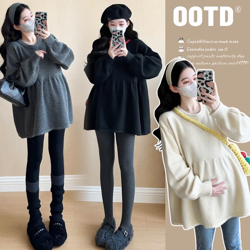 Real Shot In Stock 2024 Maternity Top Loose Belly-Covering Sweater Knitted Pullover Top