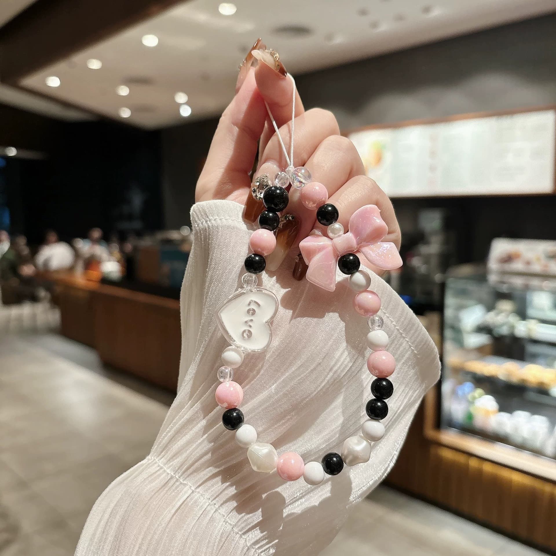 Korean Style Girl Pink Bow Beaded Bracelet Simple Portable Lanyard Phone Case Strap Bead Chain