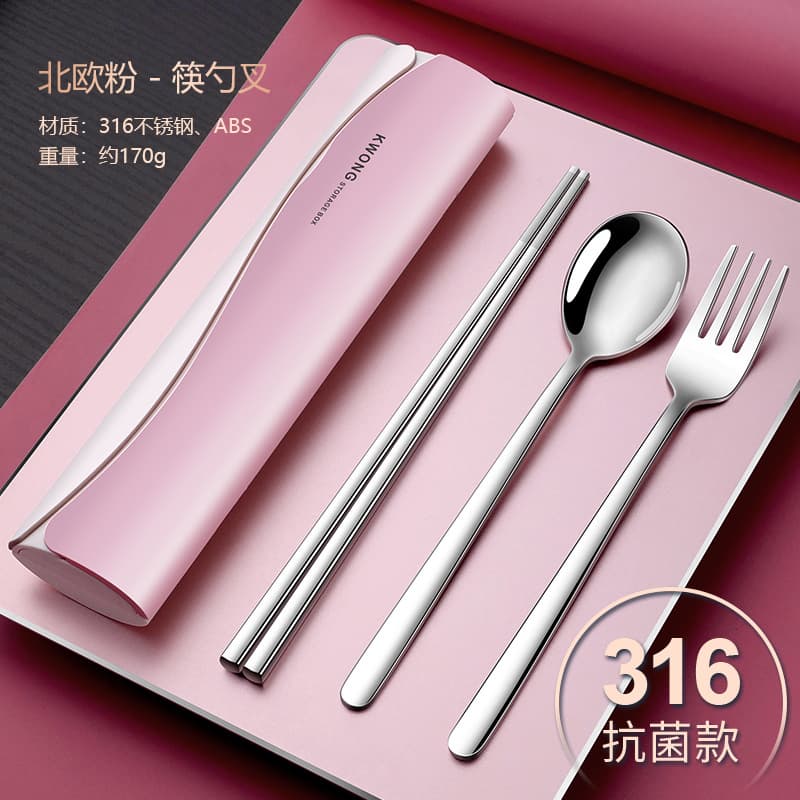 316L Stainless Steel Portable Chopsticks and Spoon Set, Student Travel Chopstick Spoon Fork 3-Piece Kit with Storage Case, Custom Logo Available