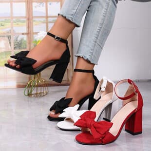 Women's Chunky Heel One-Strap Sandals for Summer Casual Wear with Bowknot Suede High Heel European and American Style Sandals