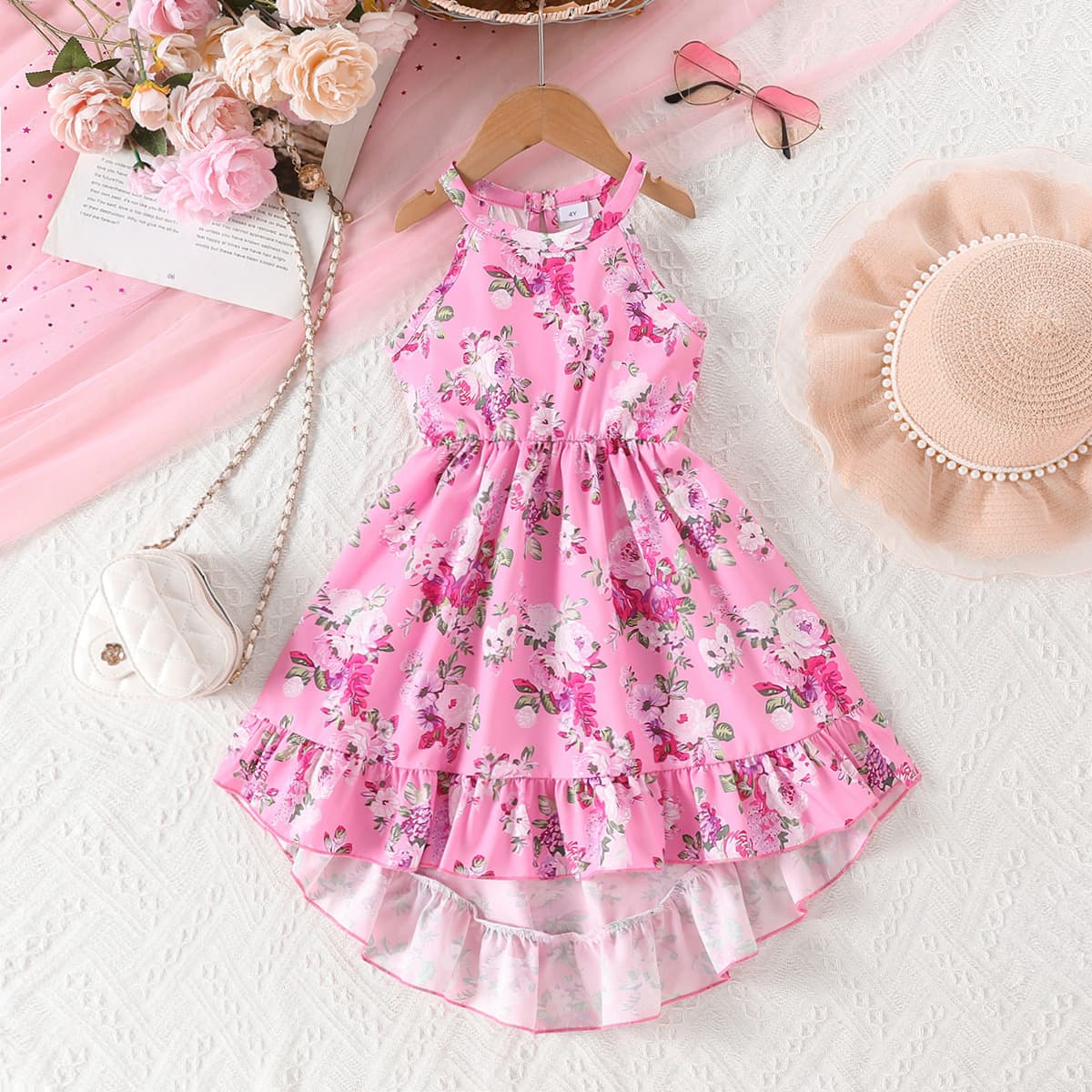Summer Elegant Girls' Dress with Halter Neck, Backless Design, Water Drop Ruffles, Ruched Edge, Casual Fashion Dress for Cross-Border
