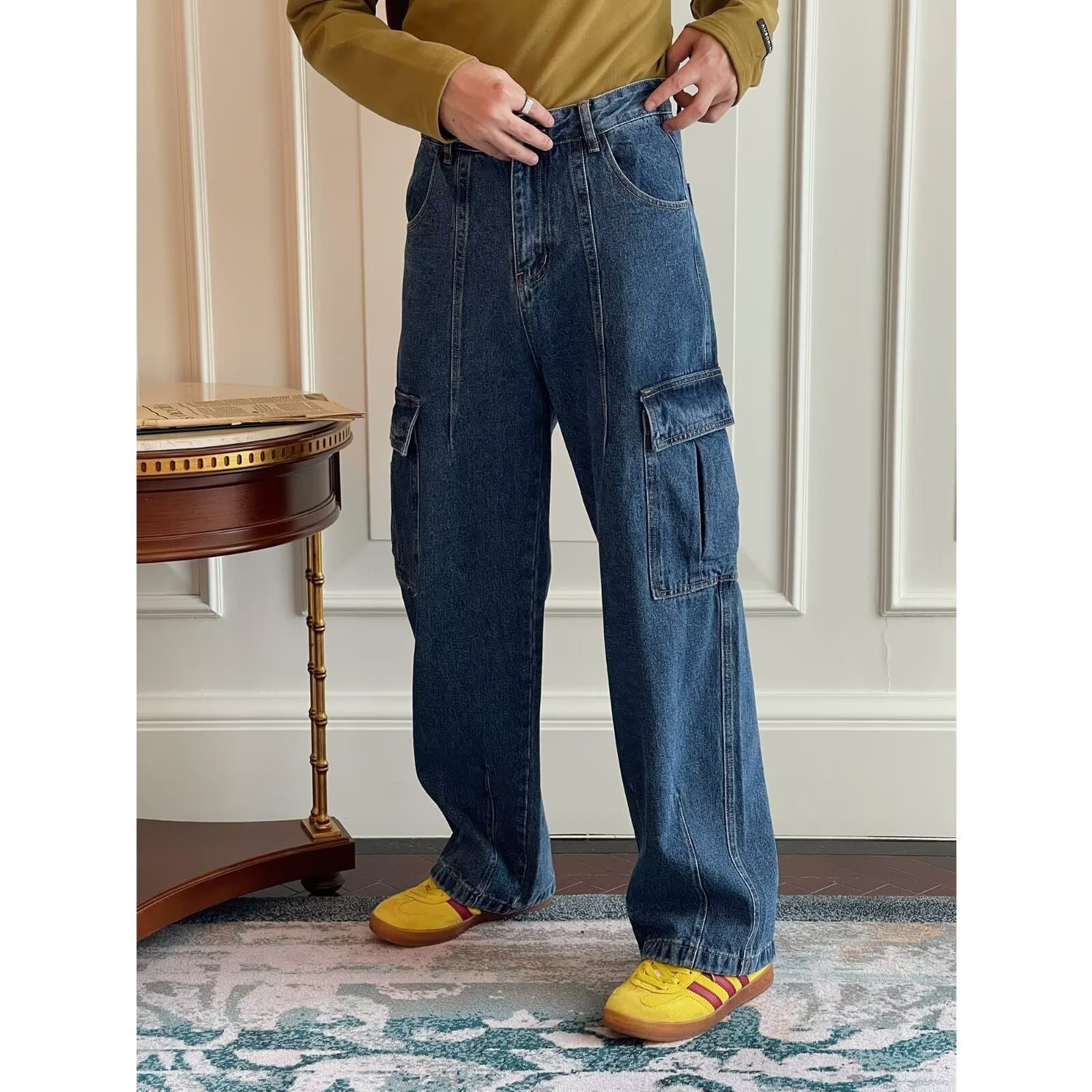 2024 Loose Vintage Multi-Pocket Carpenter Jeans Retro Straight Wide Leg 3D Tailored Pants