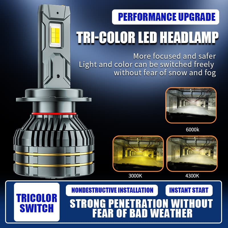 Cross-border bright three-color car LED headlight bulb H4 H7 H11 golden light two-color headlight modified car light