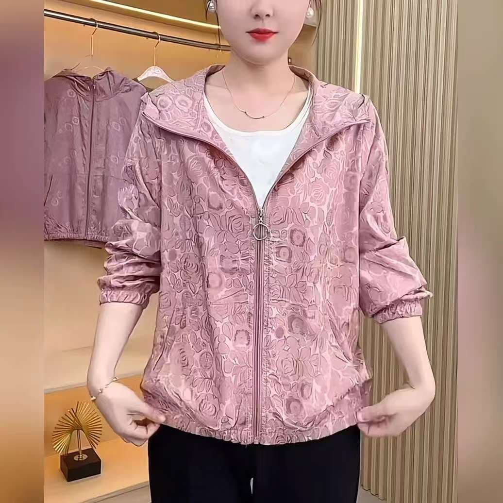 Casual Outdoor Hooded Sun Protection Jacket Summer Women's Solid Color Zip-Up Short Coat Thin Loose Fit for Middle-Aged Moms
