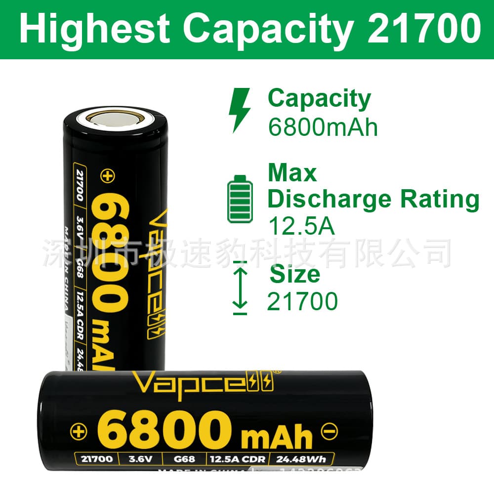 Vapcell21700 lithium battery G68 F66 6600mAh rechargeable battery 12.5A continuous discharge high capacity
