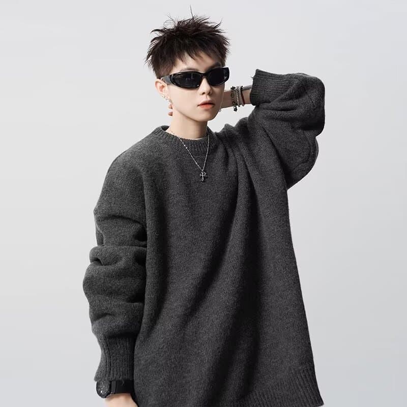 Trendy Lazy Style Couple Sweaters Men Winter American Vintage Casual Base Layer Loose Knitted Shirt High Street Round Neck Long Sleeve