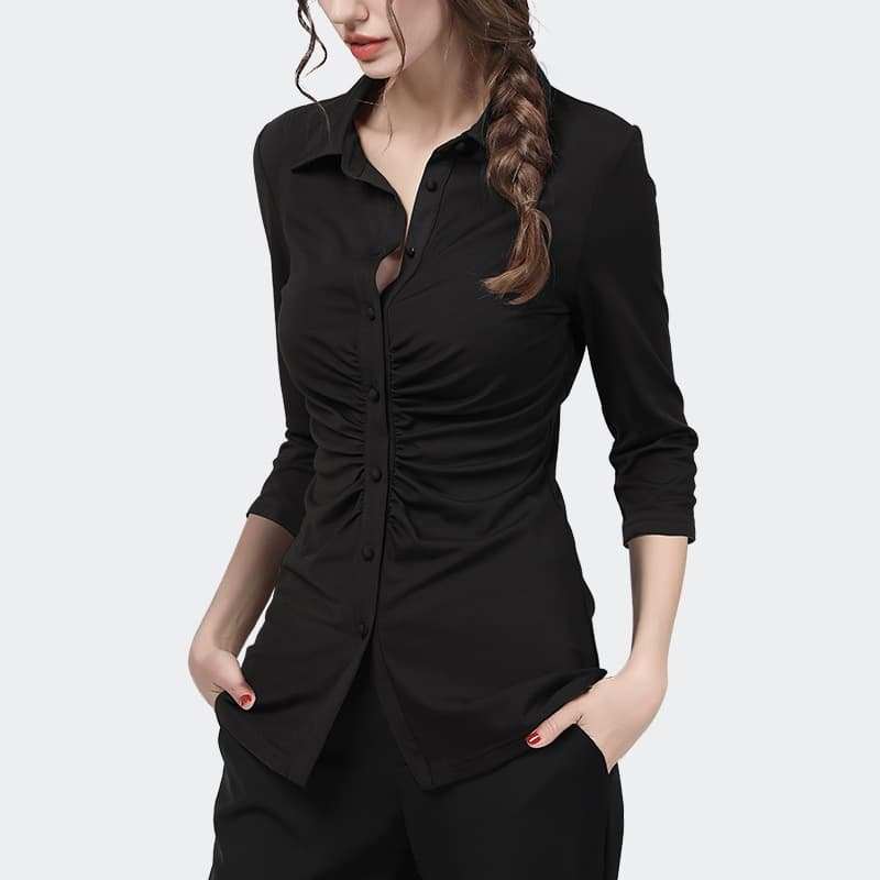 Women's black fitted V-neck blouse with pleats, stylish and elegant long sleeves, perfect for autumn.