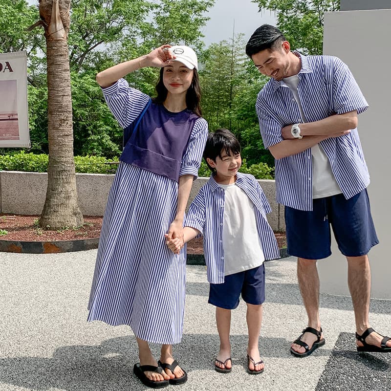 Striped Patchwork Shirt Dress Family Outfit 2026 New Korean-Style Fashionable Parent-Child Tops for Family of Three or Four