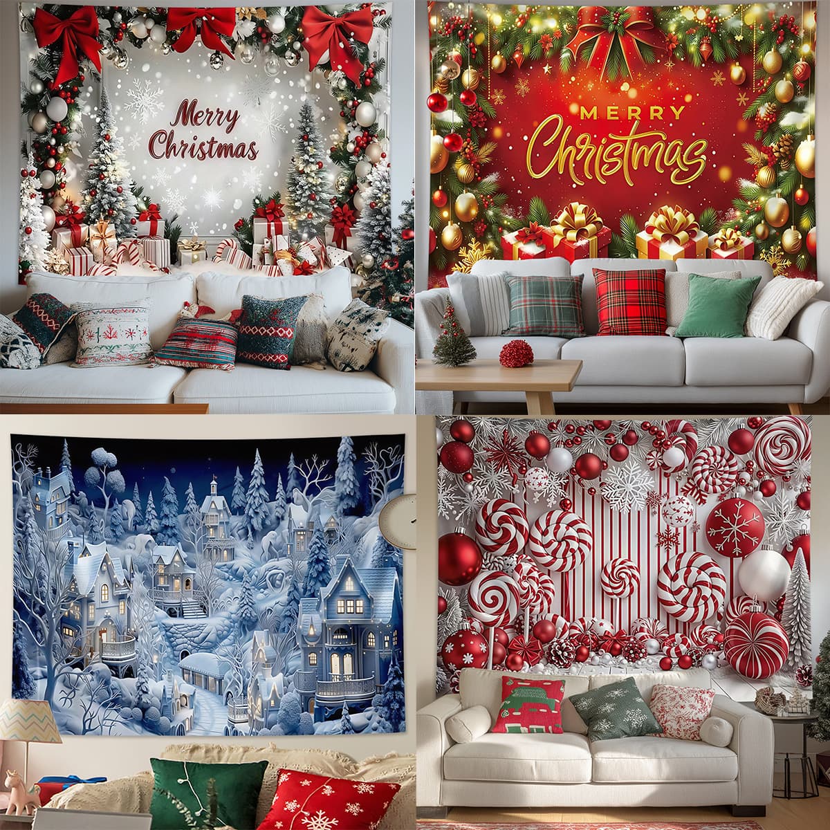 Christmas Tapestry Bow Garland Christmas Candy Christmas Tree Merry Christmas Snow Scene Design Christmas Background Cloth