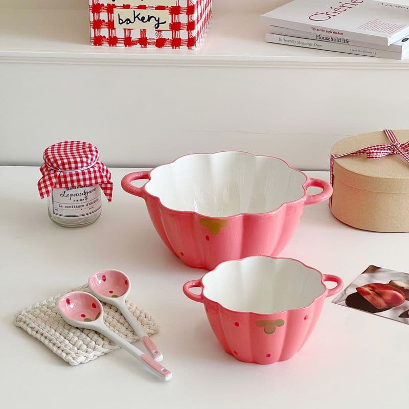 Strawberry Large Capacity Instant Noodle Bowl Ins Double Ear Soup Bowl Ceramic Home Style Soup Basin Large Bowl Luosifen Bowl