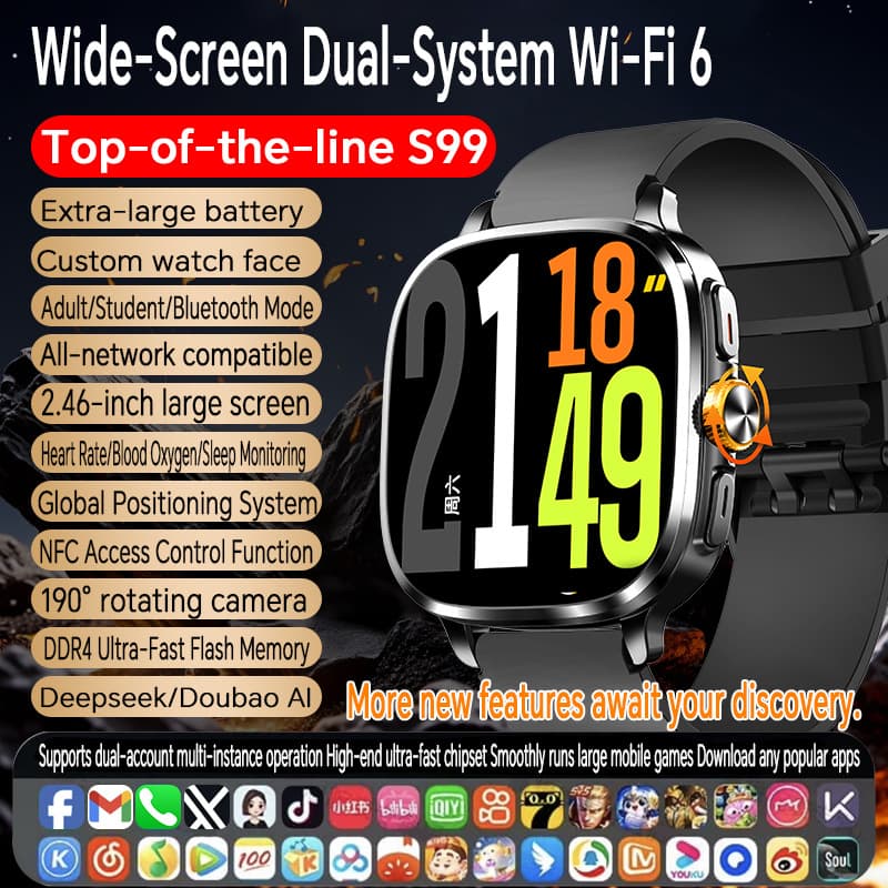 Smartwatch with SIM Card Slot 2.4-inch Rotating Camera Heart Rate Blood Pressure NFC Access Control S99