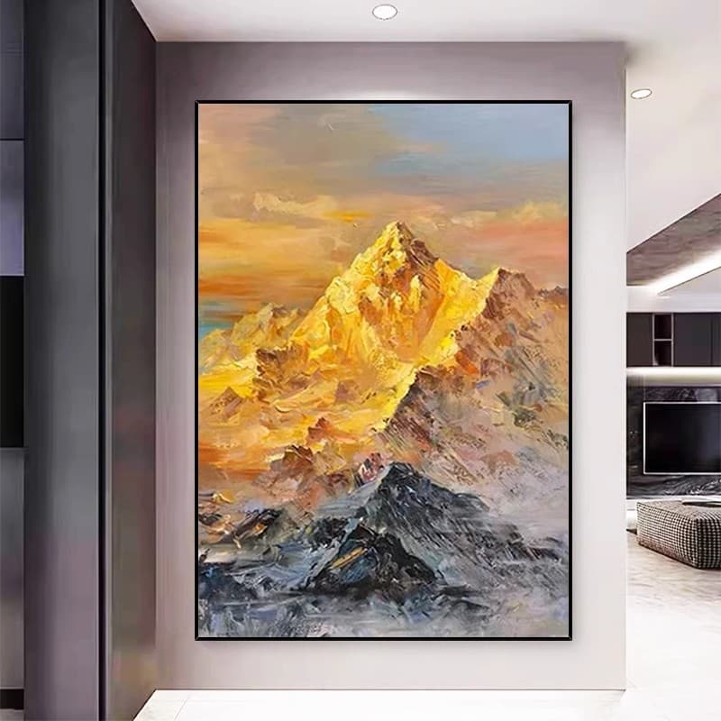 Hand-painted Oil Painting "Sunshine Golden Mountain" Entryway Wall Art, Living Room Sofa Background Decorative Painting, Textured Chinese-style Mural