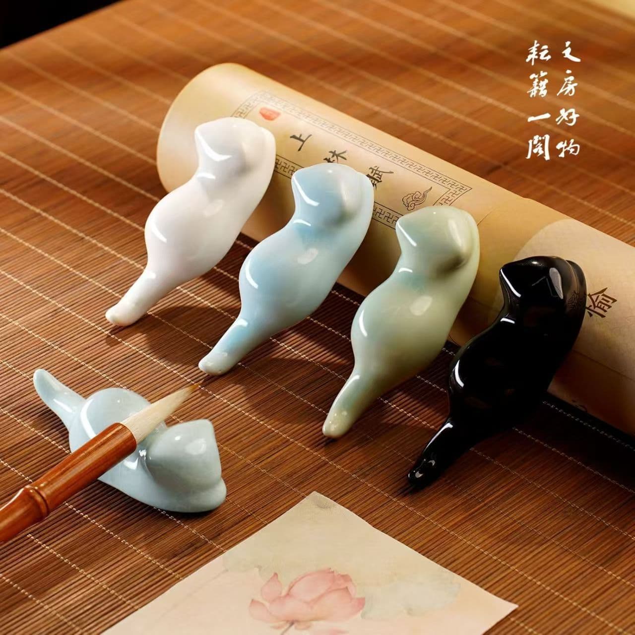 Ceramic Cat Brush Rest Pen Holder for Chinese Calligraphy Painting Stationery Storage
