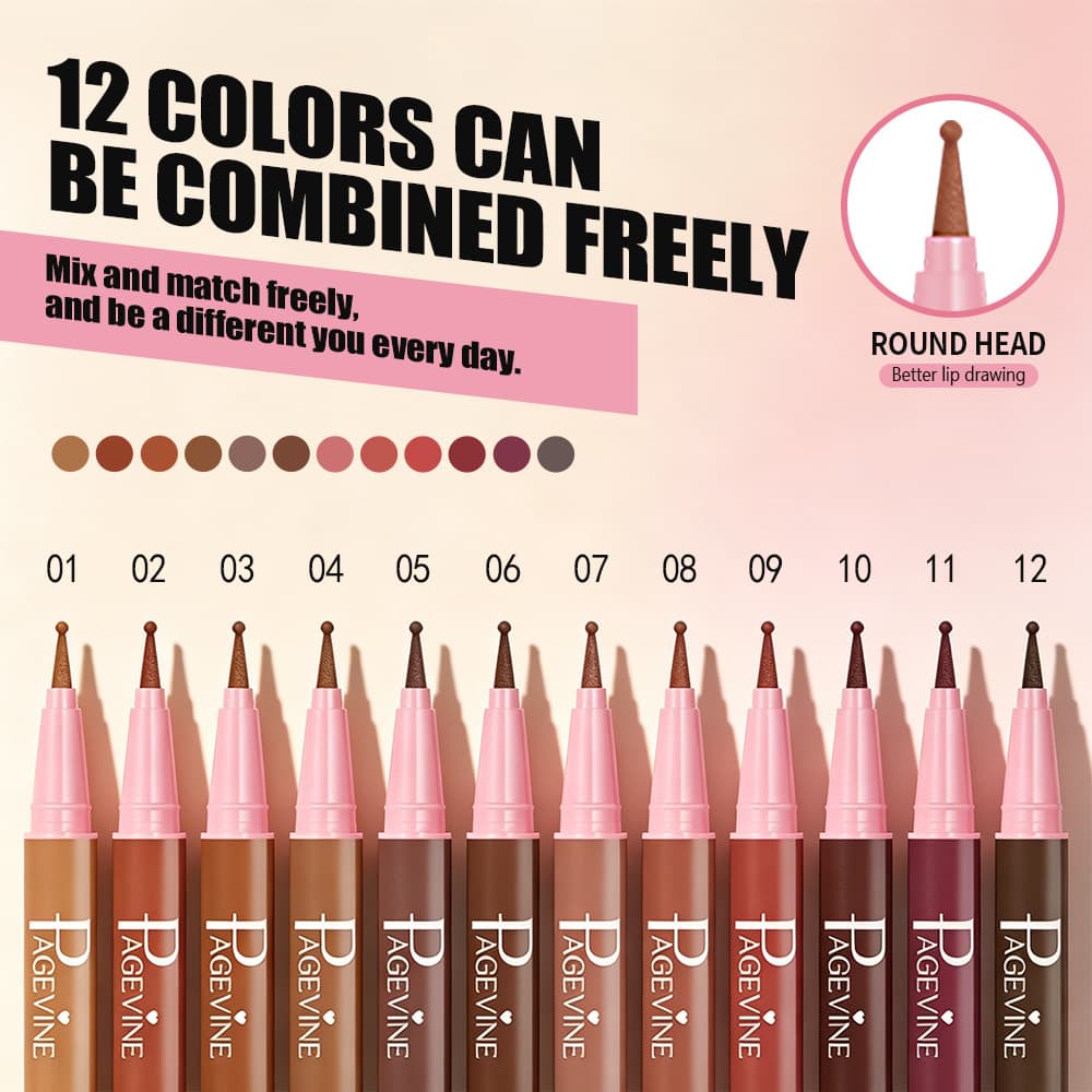 Best-selling PAGE VINE Lip Liner Pencil, Natural Color, Long-lasting, Smudge-proof, Round-tip Lip Makeup Pencil