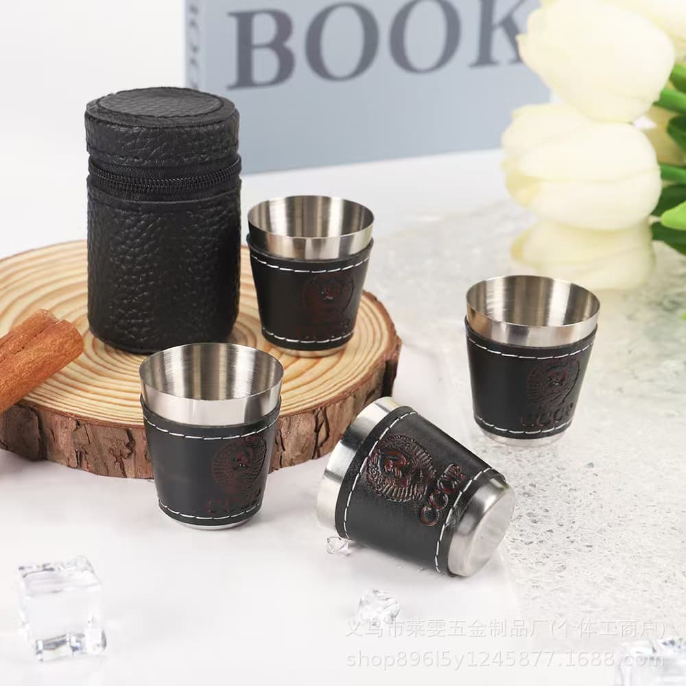 Stainless Steel Shot Glass Set Outdoor Camping Portable Cup with Sleeve 30 70 170 Leather Exterior Shot Glasses