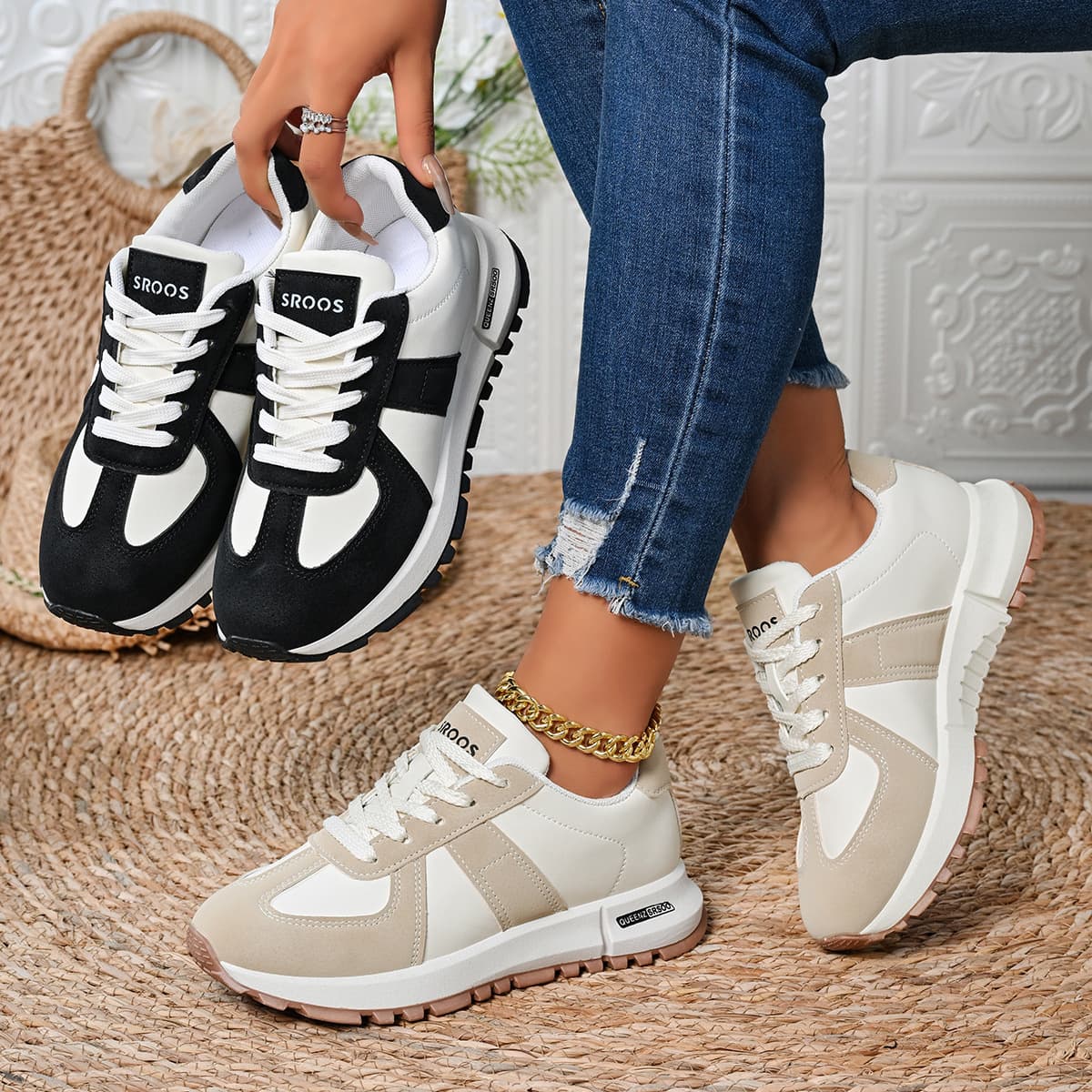 2026 Spring/Summer New Women's Sneakers Student Color-Block Round-Toe Chunky Dad Shoes Casual German Training Shoes