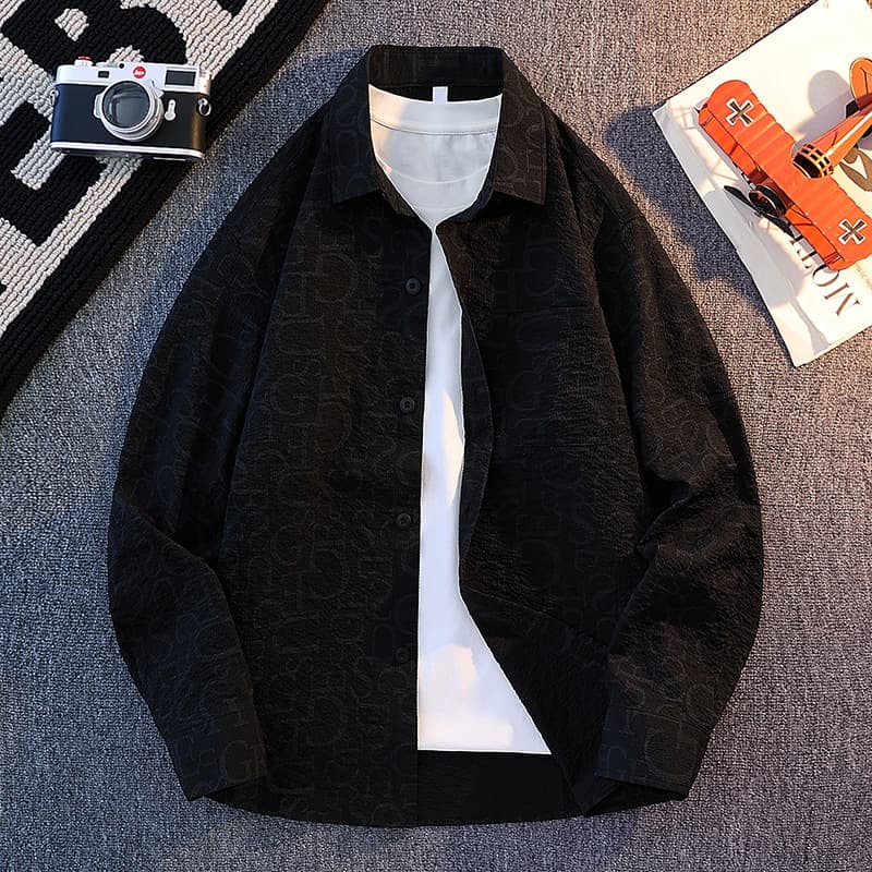 Street style textured shirts for men, loose and trendy ins super popular spring and autumn Korean style casual and versatile long-sleeved shirts