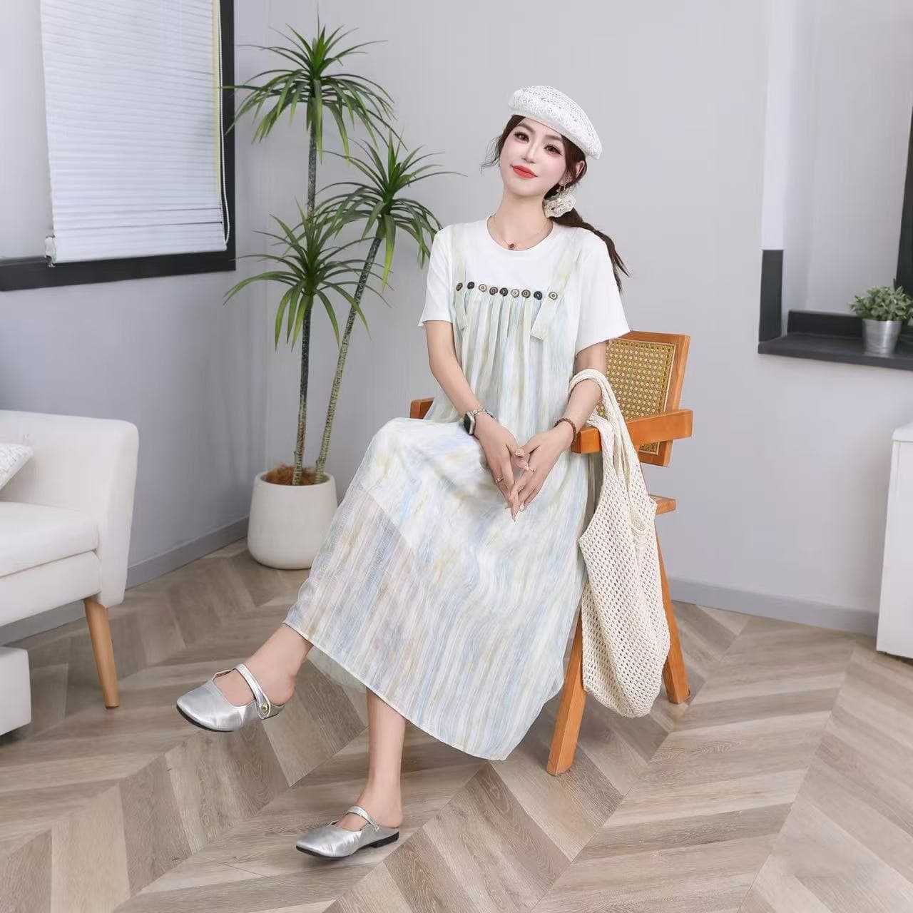 9 Sizes Plus Size Maternity Suspender Dress Summer Tie-Dye Loose Fit Conceals Belly Third Trimester Slimming Dress