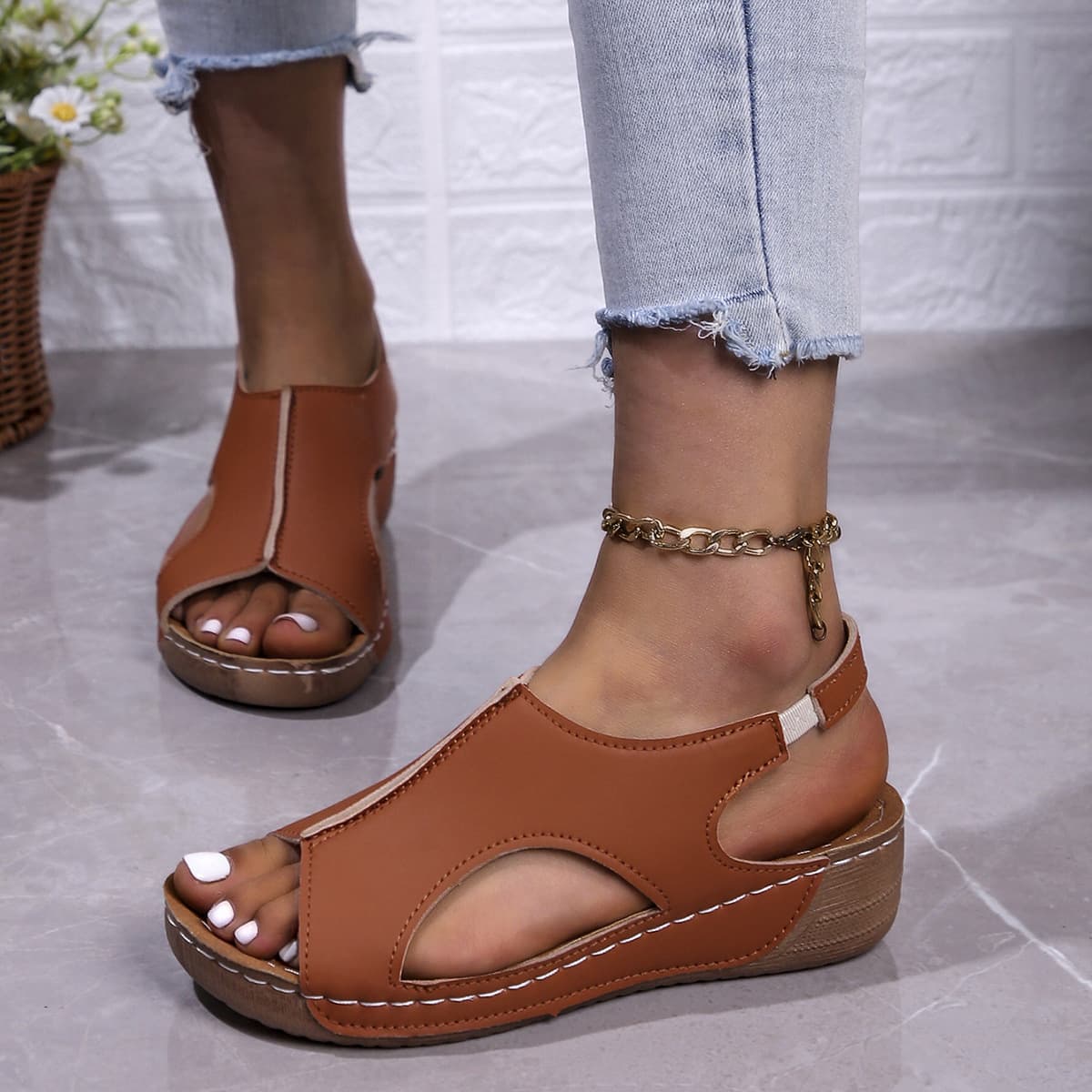 Large Size Wedge Sandals for Women 2024 Summer Sandals Cross-border Trade New Thick Sole Wedge Open Toe Sandals