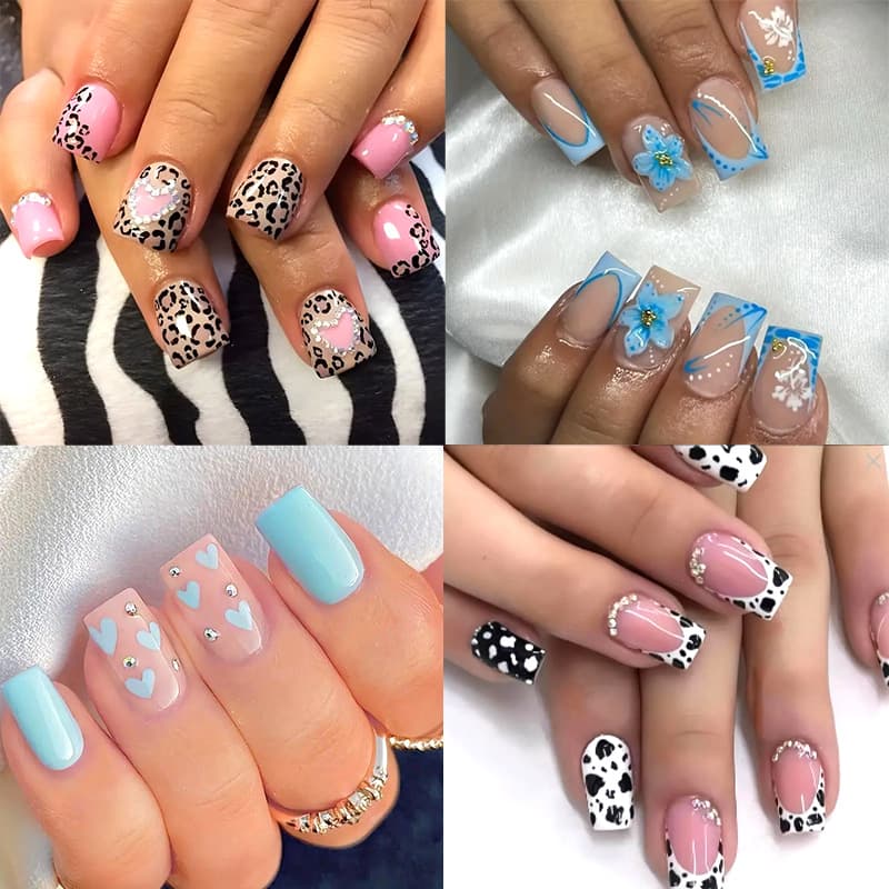 24-piece high-end fashion nail art collection with rhinestones, butterflies, flowers, and cow designs, a hot-selling export item. Wholesale.