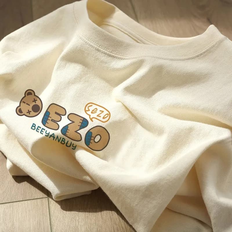 100% Cotton American Style Bear Letter Graphic Short Sleeve T-Shirt Women's Summer New Hong Kong Style Tee Half Sleeve Oversized Top