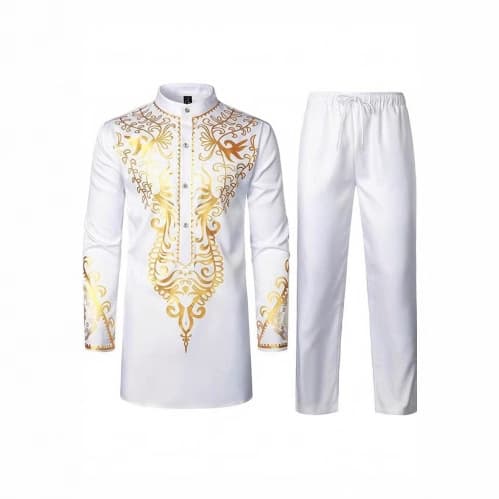 Cross-border hot-selling men's two-piece suit, all-season, stand-up collar, gold-stamped top and trousers, African style.