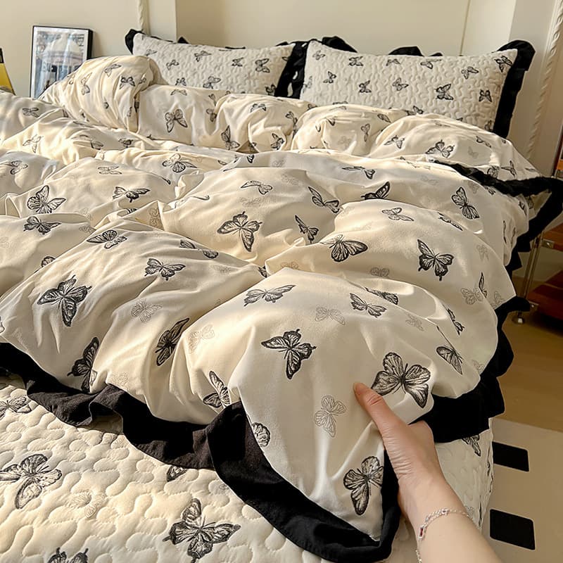 Four-Season Washed Cotton Bed Cover Four-Piece Set, Princess Style Ruffled Bed Cover, Fresh Style Bedding