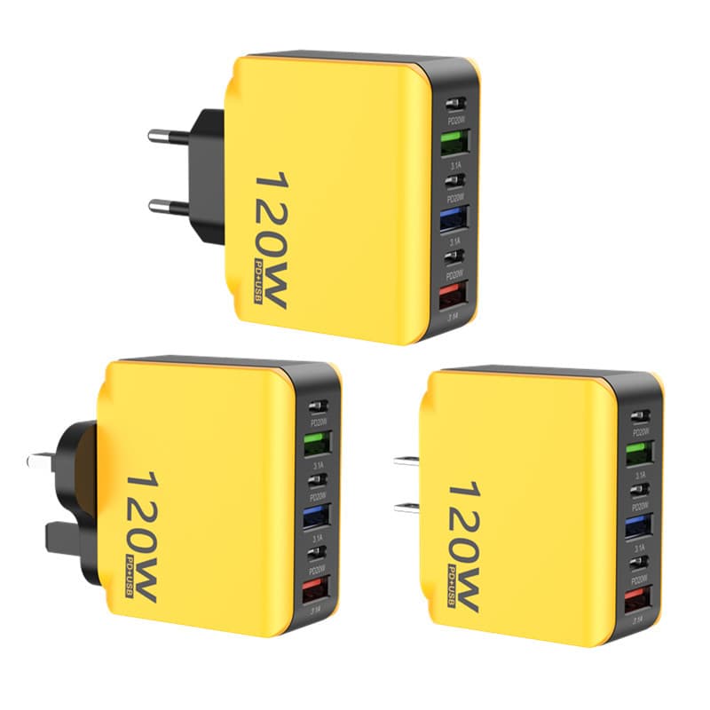 Cross-border 120W Multi-port Smartphone Charger Yellow 3USB+3PD EU/US/UK Plug Fast Charging Head