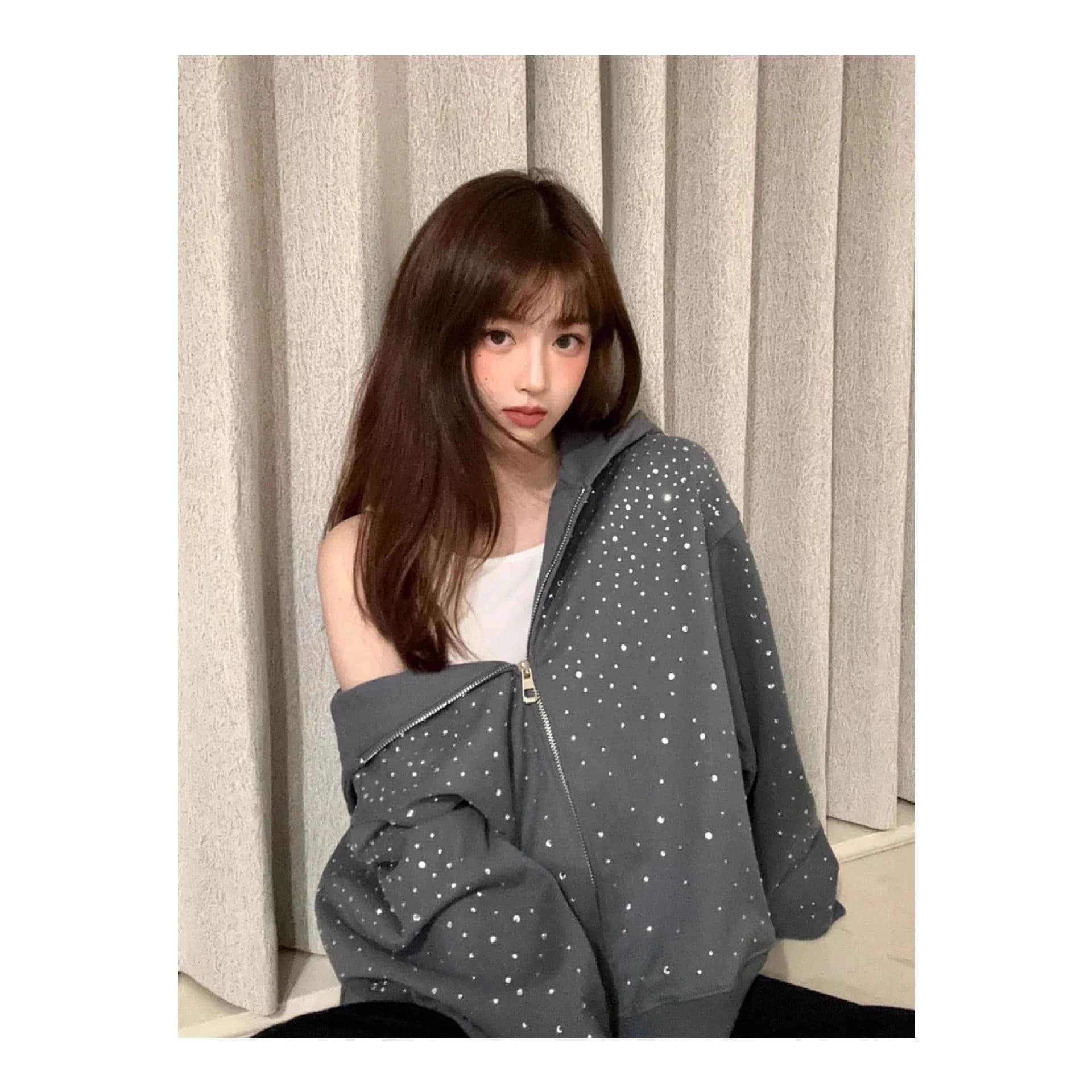 Starry Sky Hoodie, Sparkle Loose Zipper Jacket, Versatile Starry Night High-End American Streetwear Rhinestone Casual Sweatshirt
