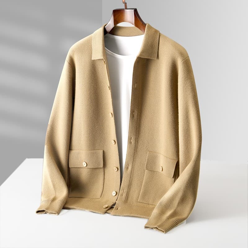 Men's Turn-Down Collar Australian Wool Button Cardigan Autumn/Winter Retro Pocket Thick Outerwear POLO Large Size Suit Jacket