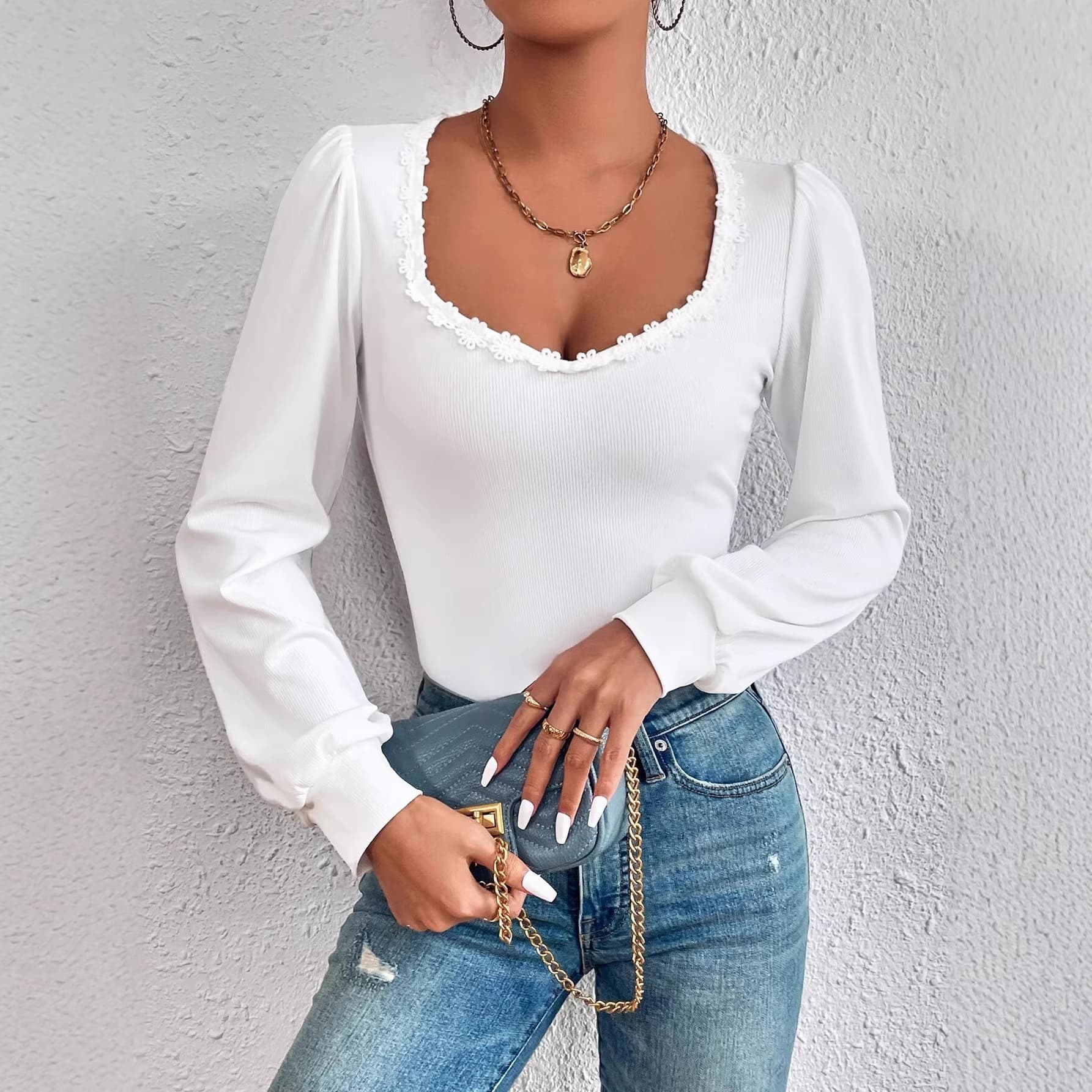 Cross-border spring and summer European and American clothing v-neck puff sleeves slim fashion versatile women's T-shirt long-sleeved lace French top