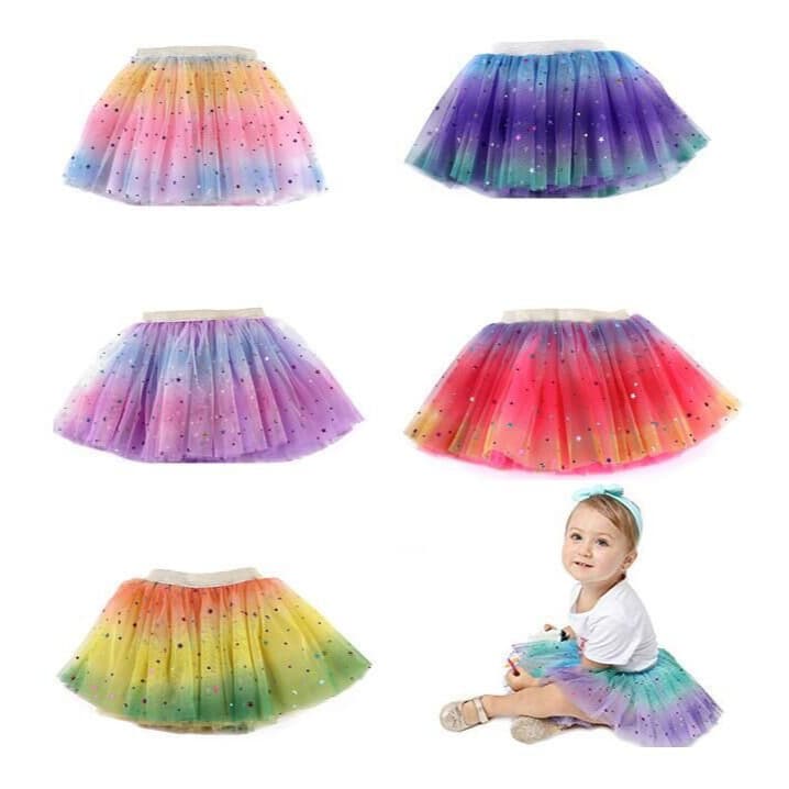 New Tulle Princess Dress, European and American Children's Performance Tutu, Kids' Sheer Five-Point Star Rainbow Skirt
