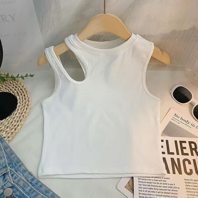 Girls' 2026 New Summer Style Ripped Off-Shoulder Vest, Korean Version Slim Fit Versatile Solid Color Pure Cotton Base Top Fashion