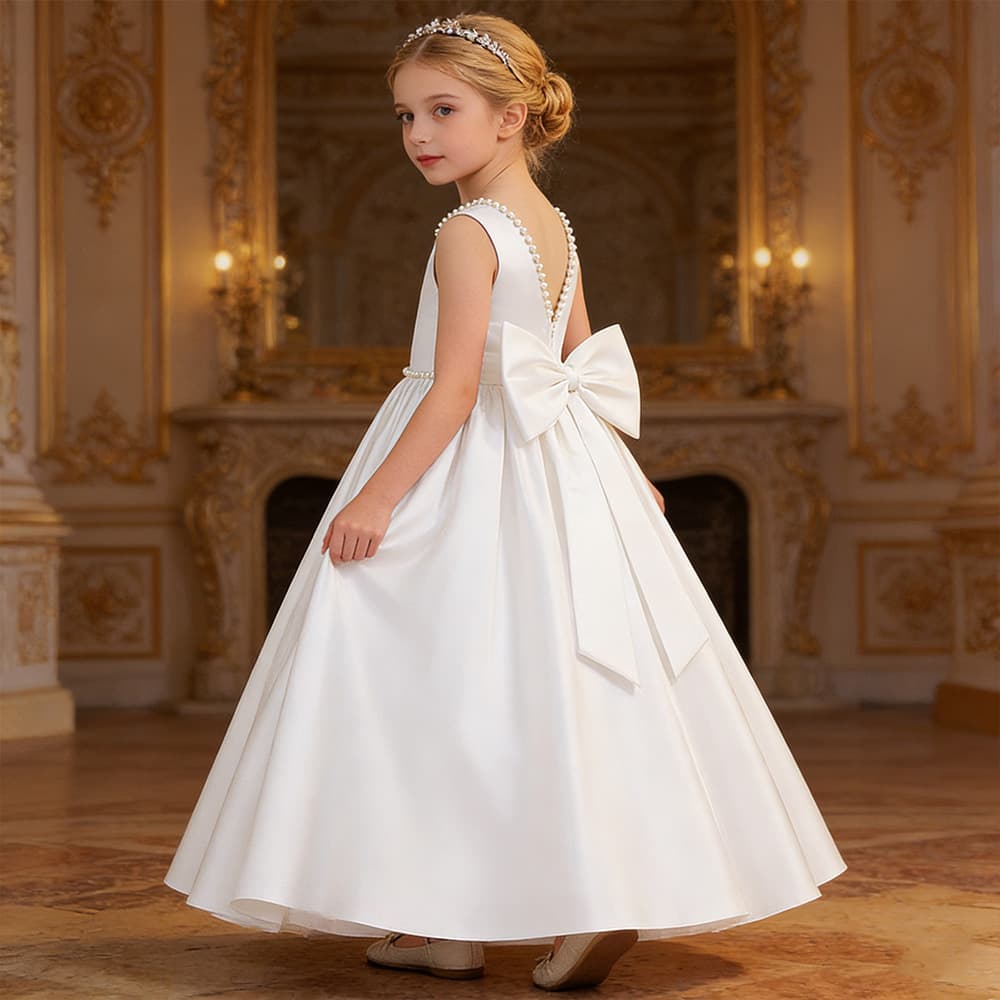 Children's Wedding Dress Long Satin Princess Gown Deep V Back Girl's Birthday Dress Piano Performance Costume