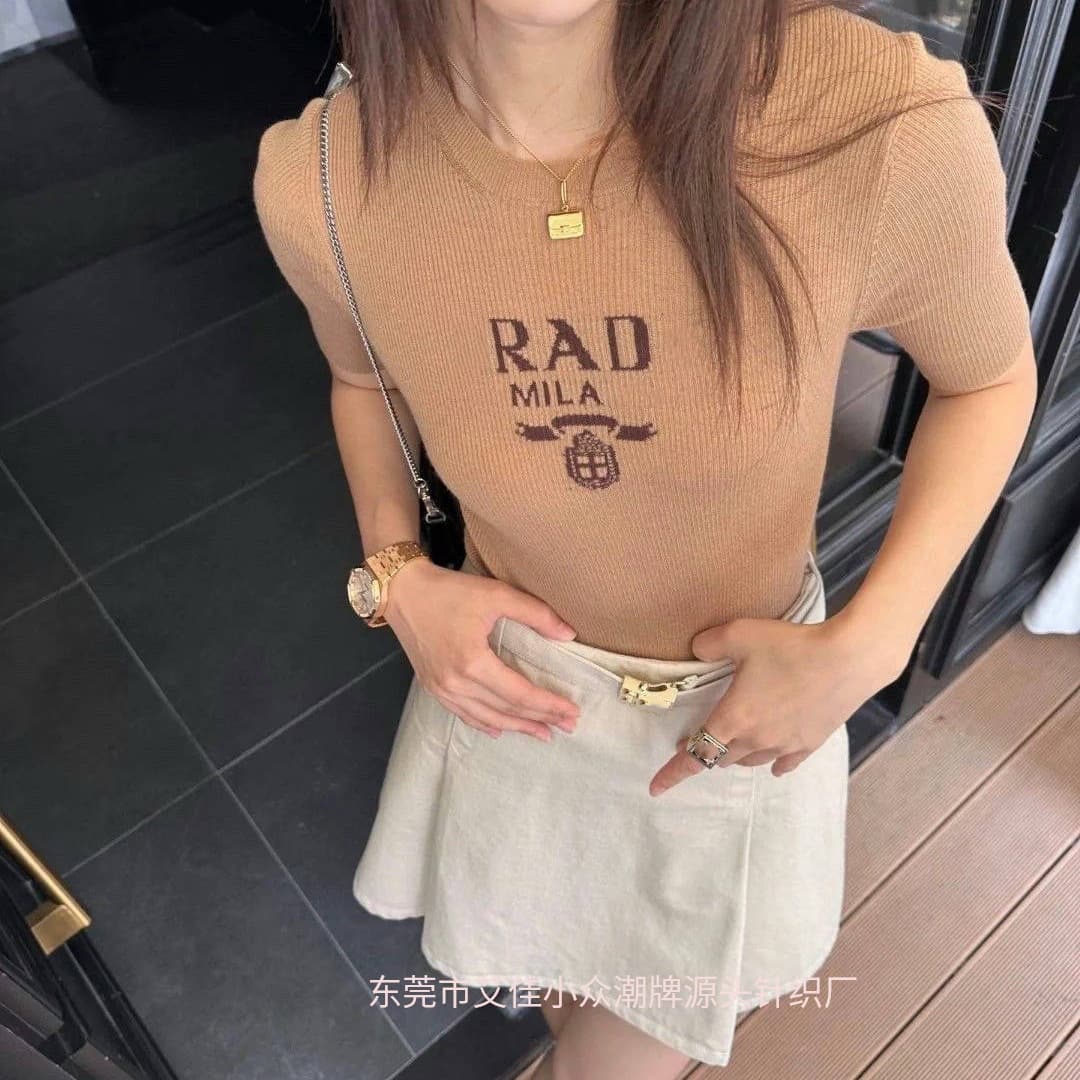 High-end Nanyou PA European Women's Chanel-style Letter Jacquard Slim-fit Knit Short-sleeve Top