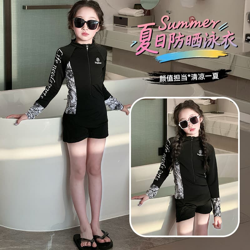 Girls' Swimwear Summer 2025 New Style Children's Swimsuits with Padded Bra, Long Sleeve One-Piece Swimsuits for Older Girls