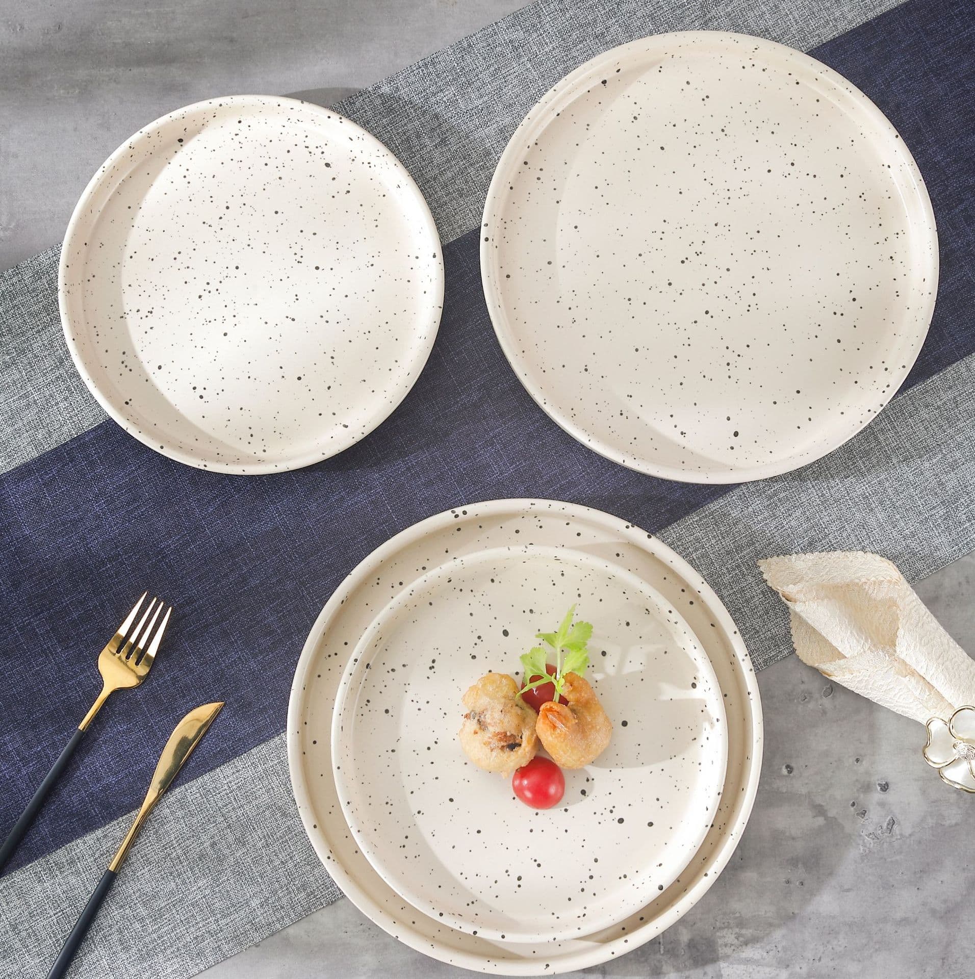 Korean Ins-Style Ink-Splashed Ceramic Pure White Fruit Yogurt Bowl, Cereal Breakfast Platter, Dessert Plate Set
