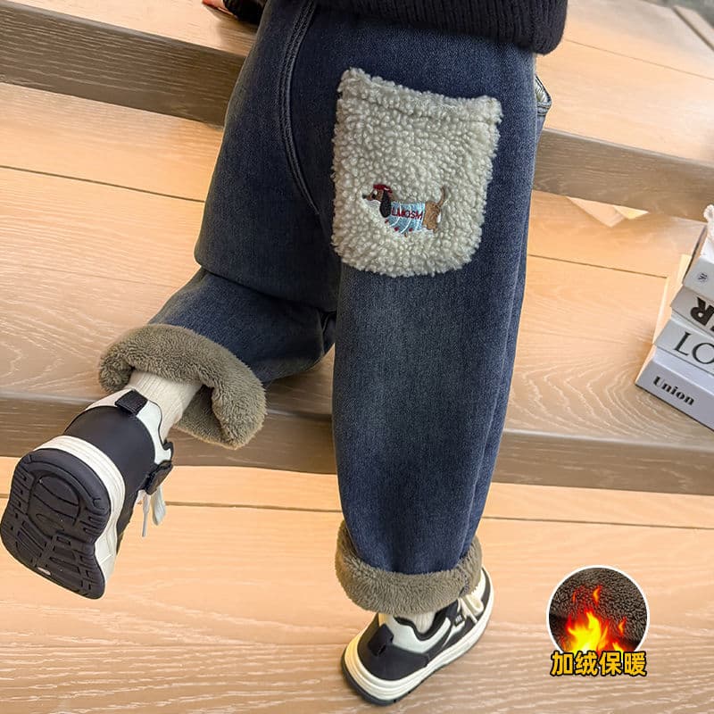 Children's clothing, children's pants, girls' integrated velvet jeans, autumn and winter 2024 new style children's velvet pants, girls' straight pants