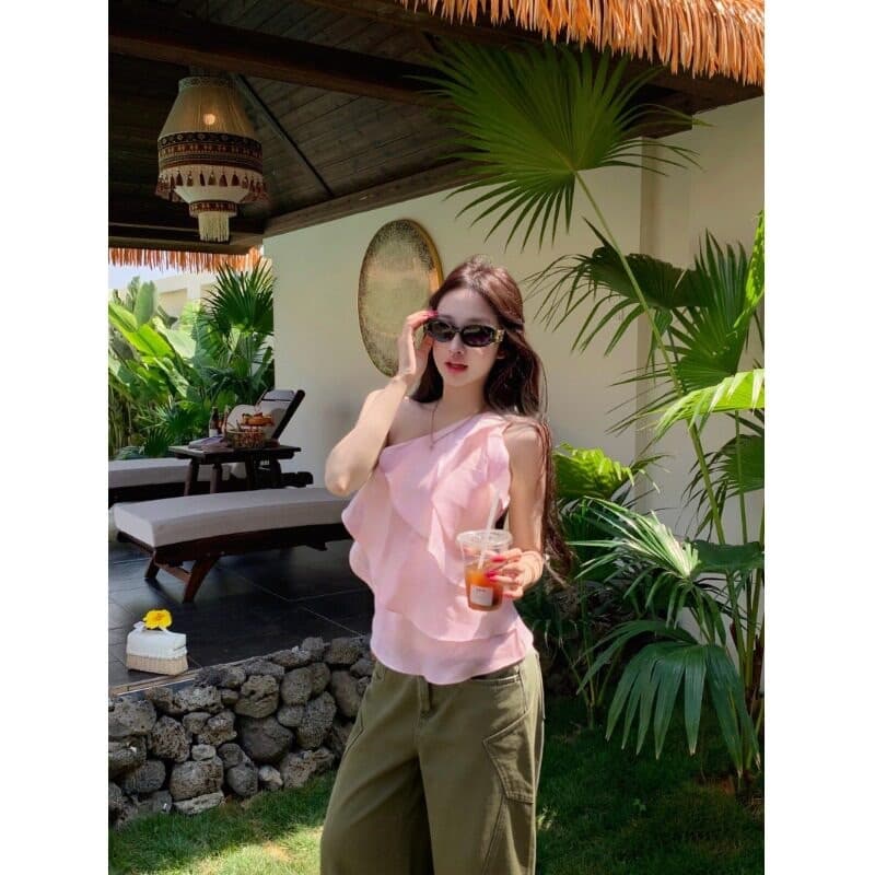 Ruffle Trim Pink Asymmetrical One-Shoulder Sleeveless Top for Women Summer Designer Slim Fit Cropped Going Out Trendy Top