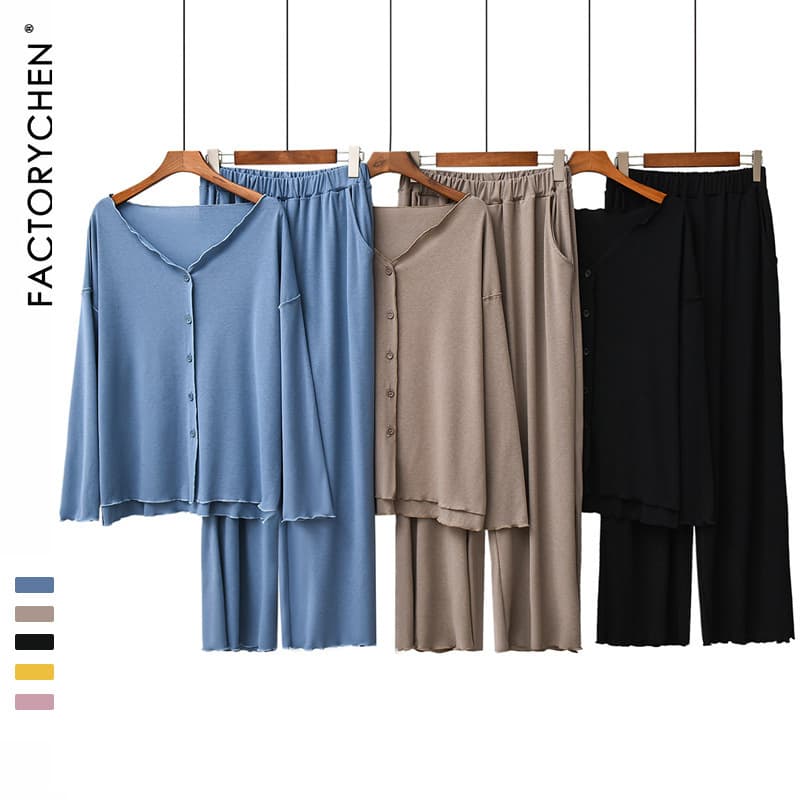 Spring New Women's Pajamas Cotton Long Sleeve Ruffle Cardigan Casual Wearable Long Sleeve Homewear Set