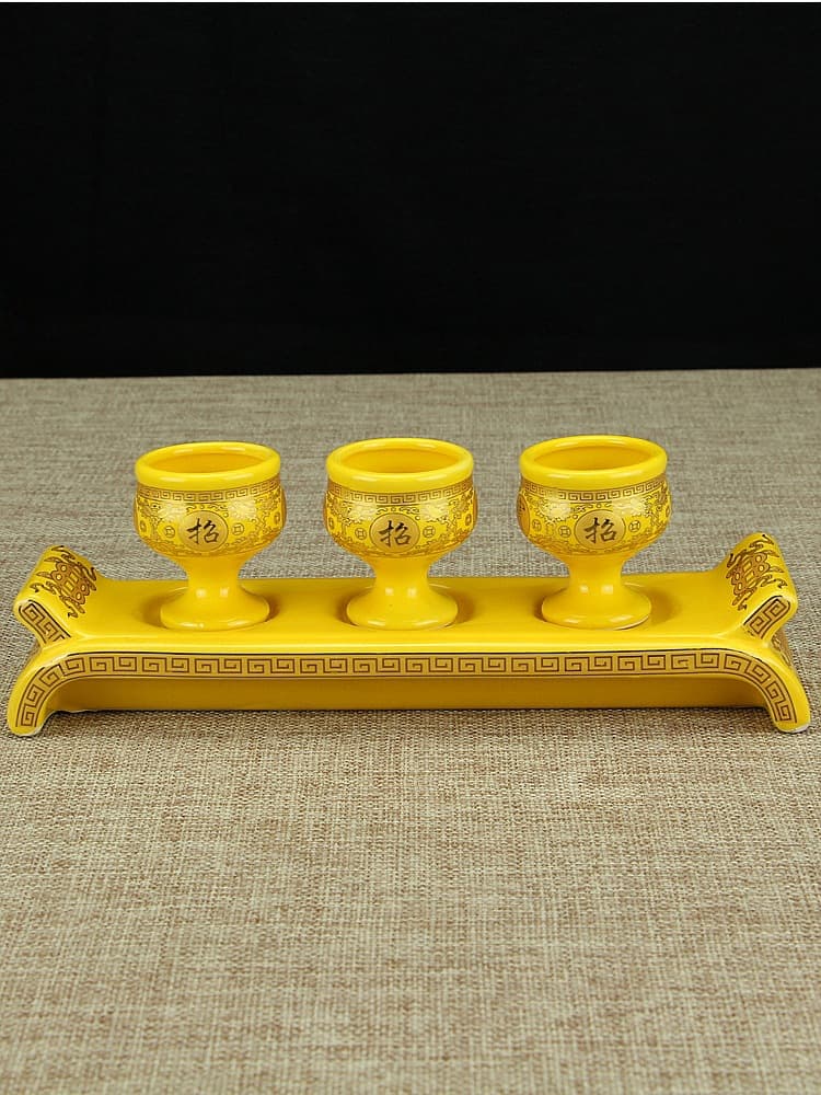 Ceramic Offering Cup, Immortal Wine Cup Water Cup, Guanyin Lotus Water Offering Cup, Three-Cup Set for Wealth God