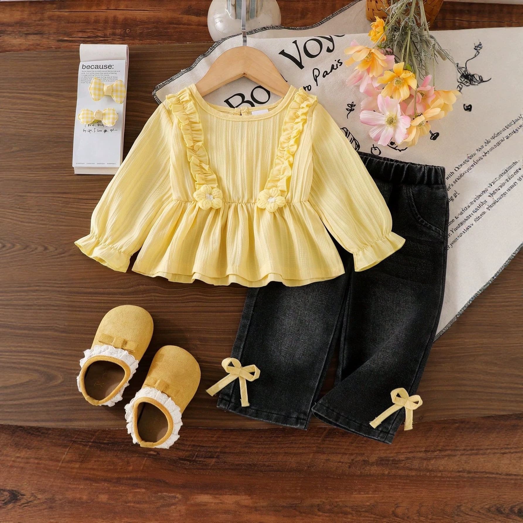Cross-border Girls Autumn Ruffle Textured Doll Dress with Bow Decor Pants Toddler Sweet Two-Piece Set